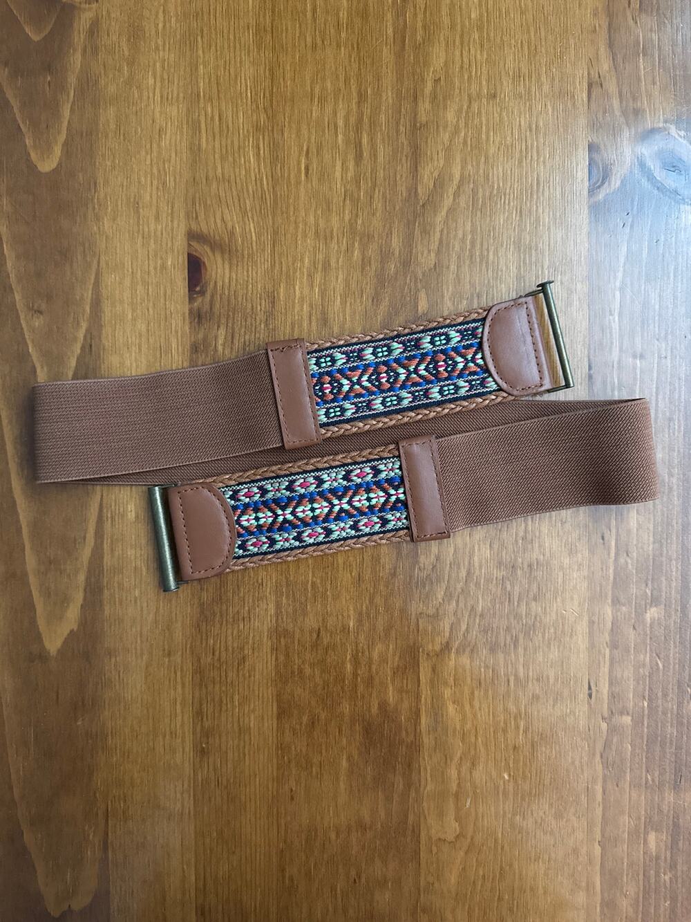 Boho Woven Geometric Elastic Stretch Belt Brown Multicolor 35”